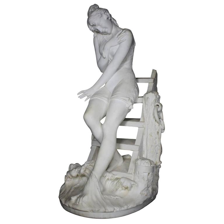 Italian 19th Century Carrara Marble Sculpture Going for a Swim by Emilio Fiaschi For Sale