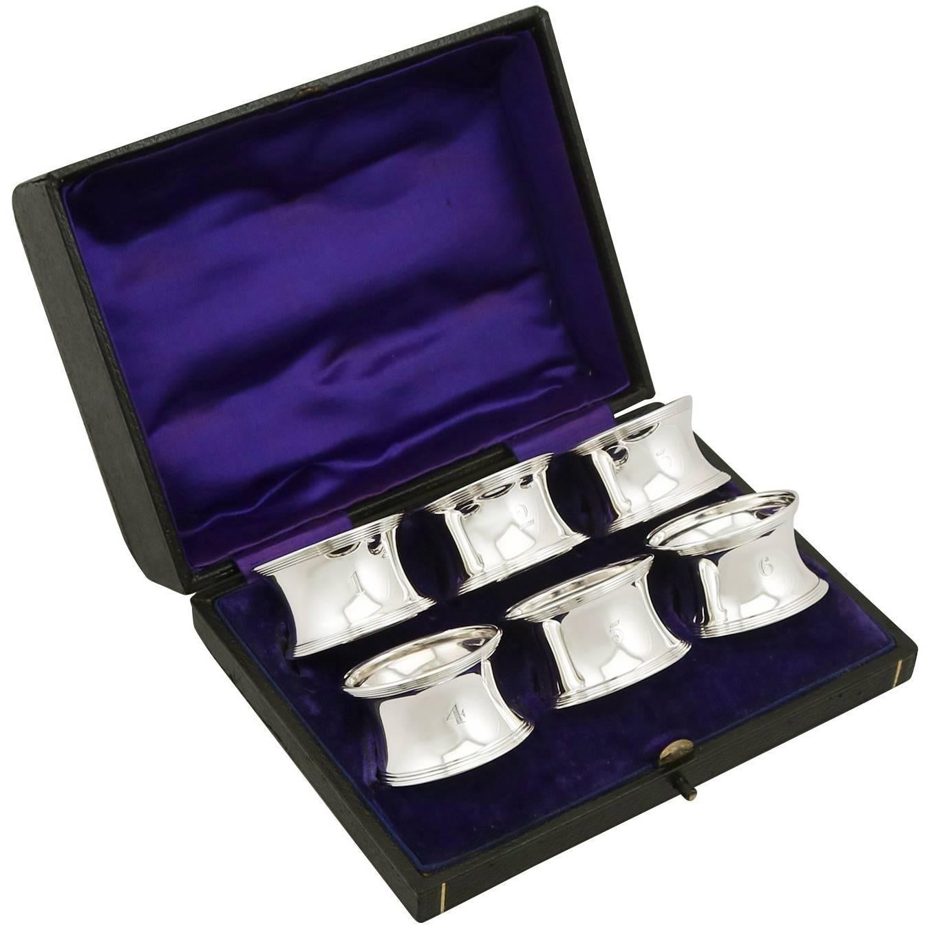 1919 Antique Sterling Silver Numbered Napkin Rings Set of Six