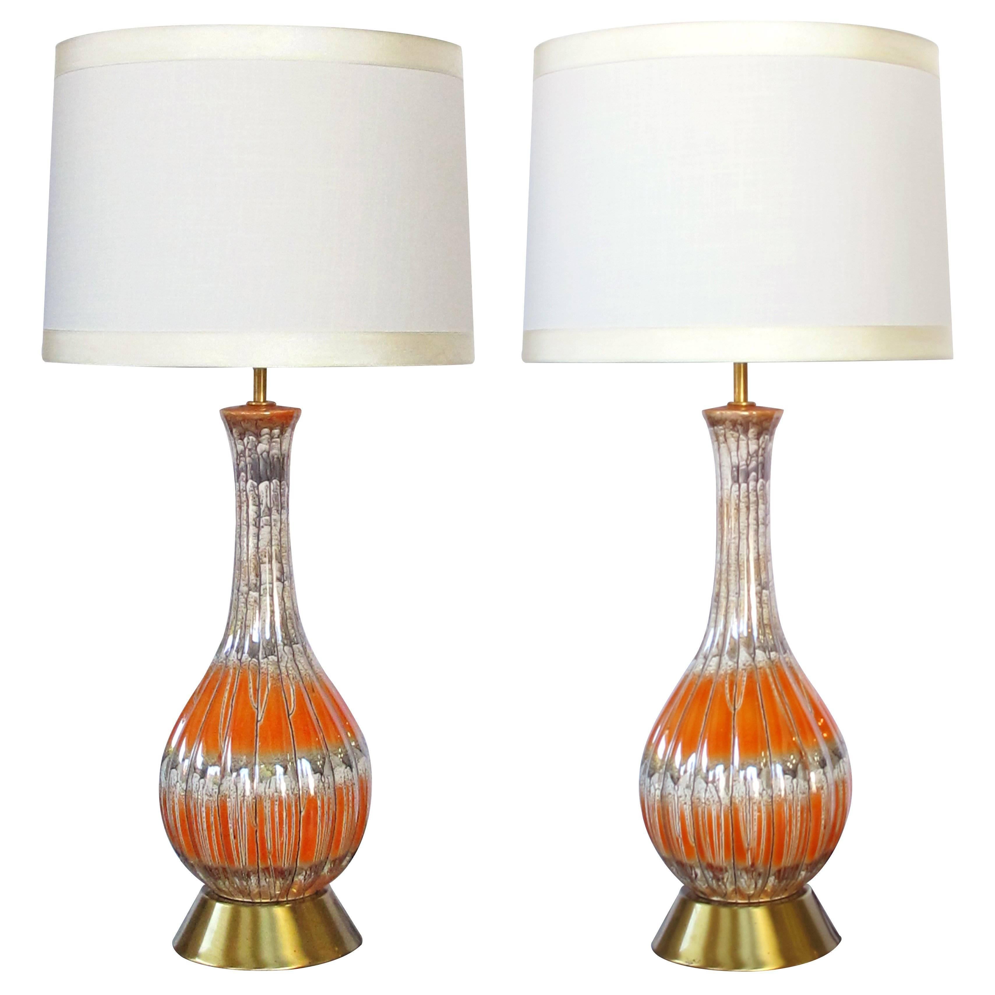 Pair of Mid-Century Bottle-Form Luster-Glazed Ceramic Lamps with Ribbed Body