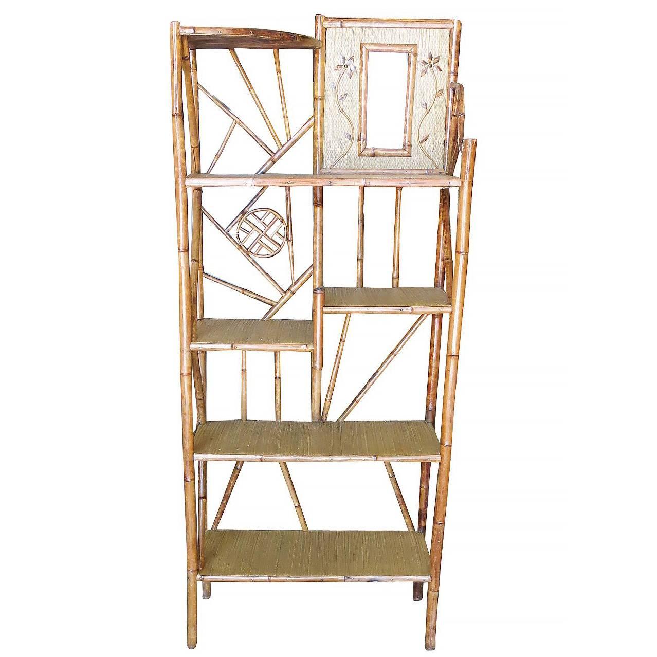 Restored Bamboo Six-Tier Hallway Shelf Etagere with Vanity Mirror For Sale