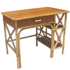 Restored Rattan and Mahogany Secretary Desk with Side Shelf
