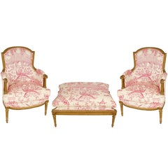 Pair of Louis XVI Style Bergères with Ottoman