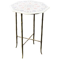 Faux Bamboo Brass Leg Side Table with Pietra Dura Top