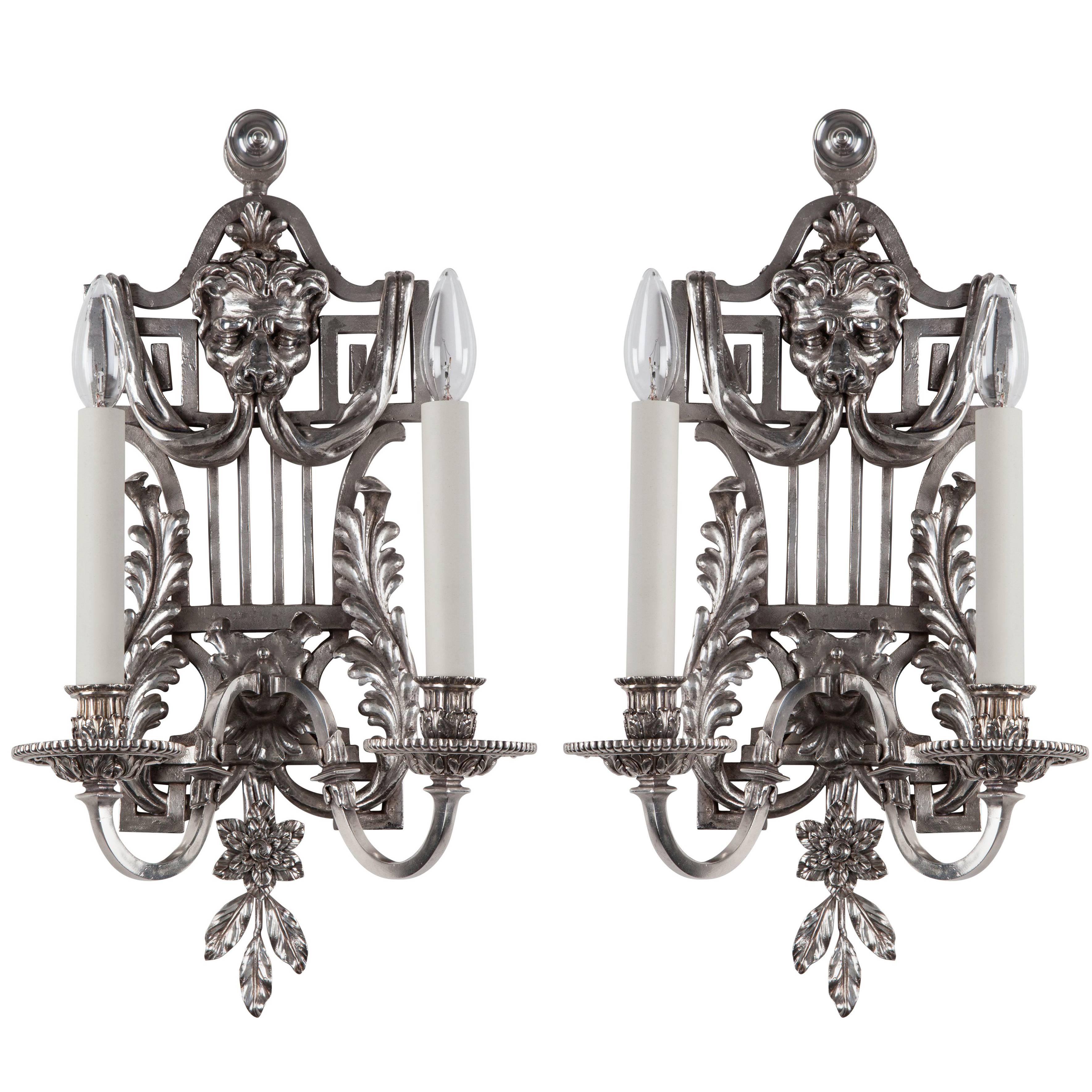 Edward F. Caldwell Silverplate Sconces with Lyre Form Backplates, circa 1900s For Sale