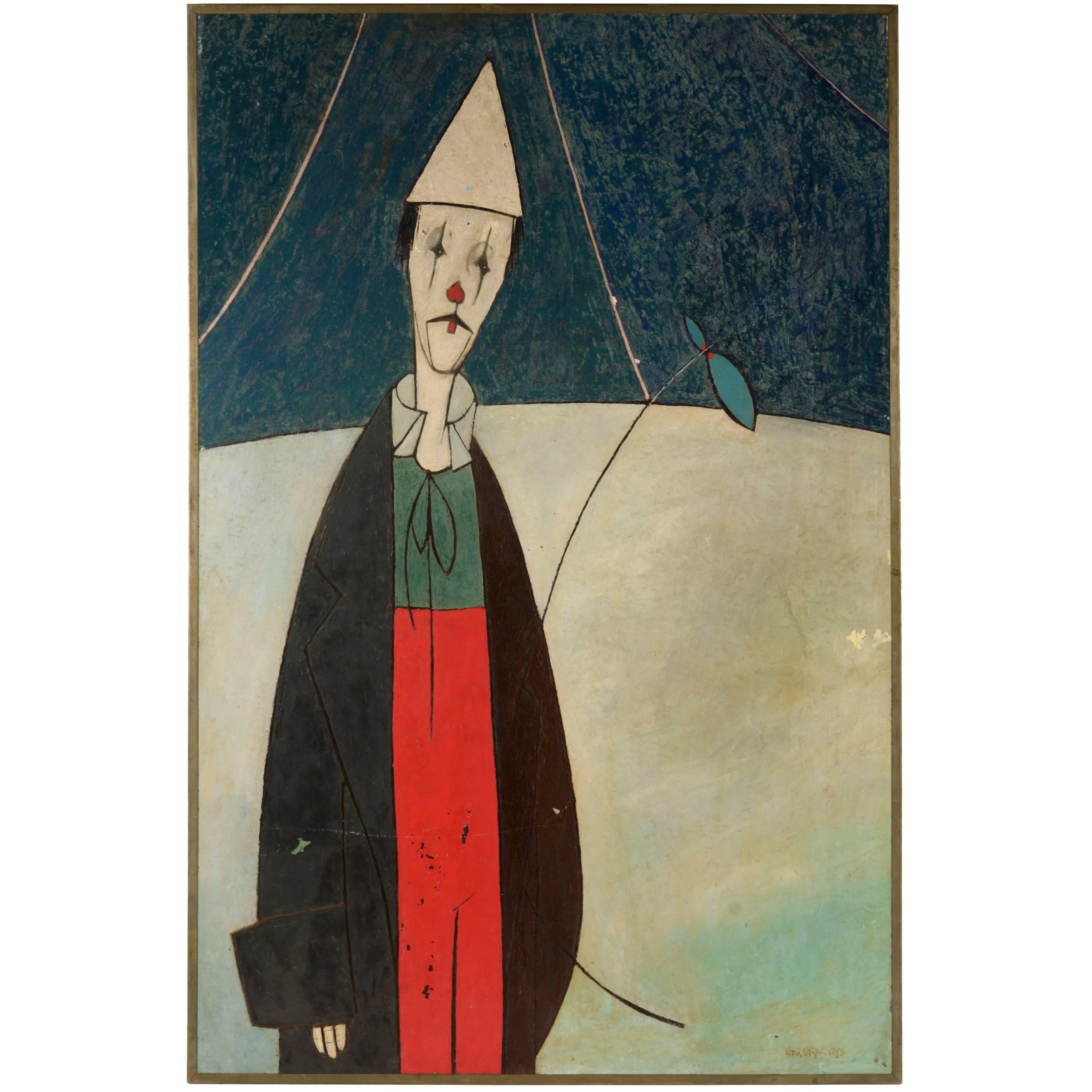 Large-Scale European Mid-Century Clown Painting For Sale