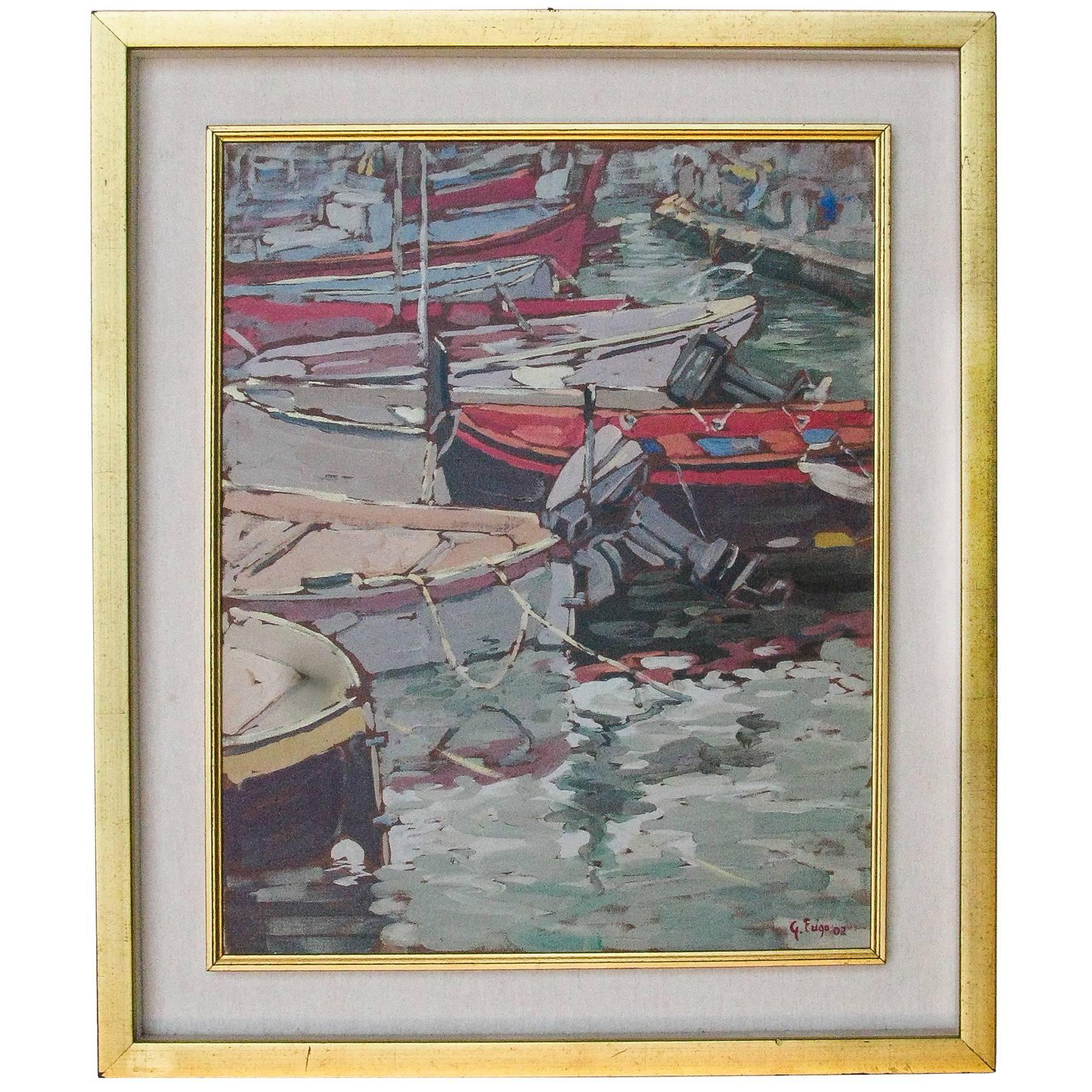 Italian painting "Boats in the Port of Camogli "oil on canvas