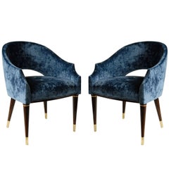 Armchair, Midcentury Style, Luxury Details, Blue Cloudy Velvet, Italia