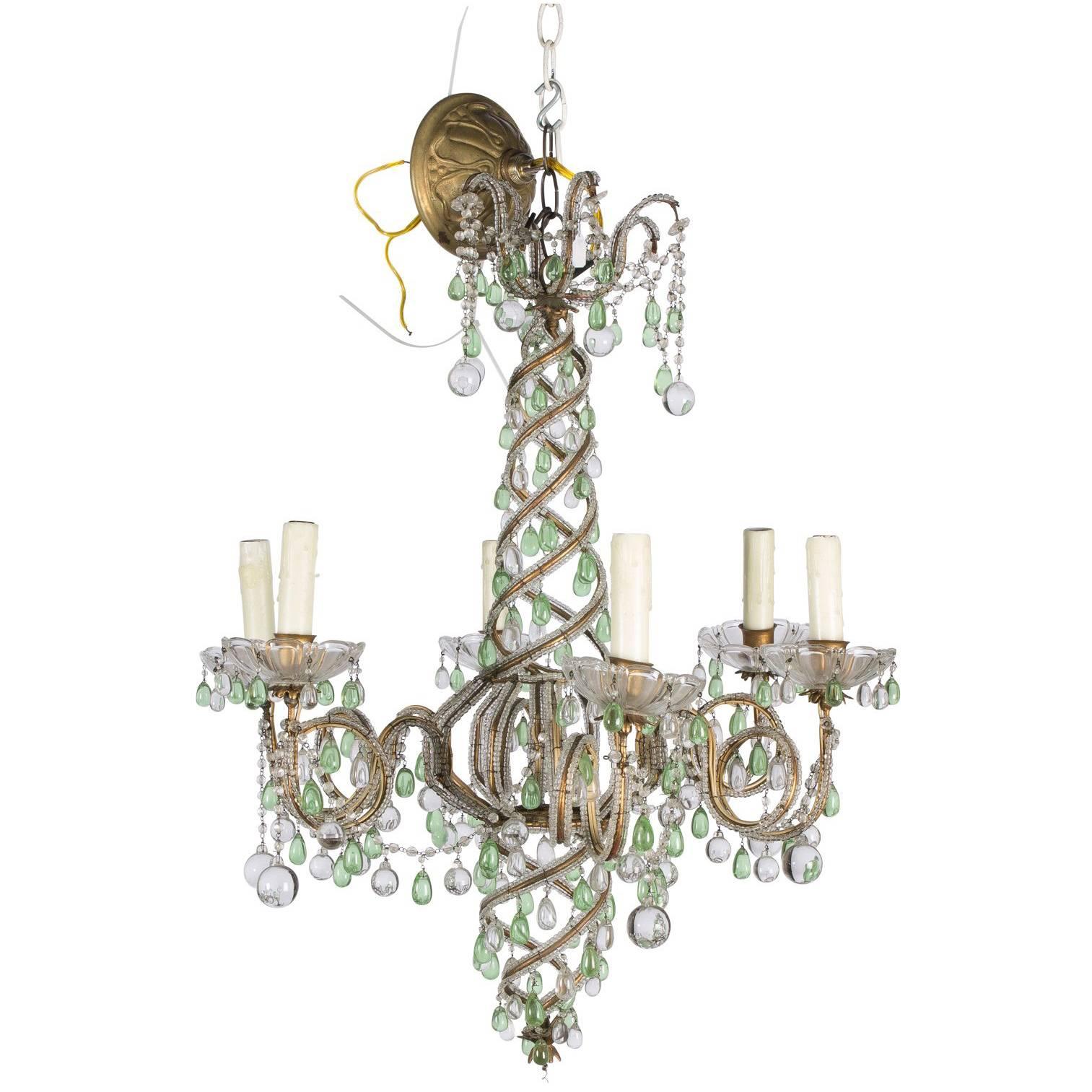 Green and White Six-Light Crystal Chandelier