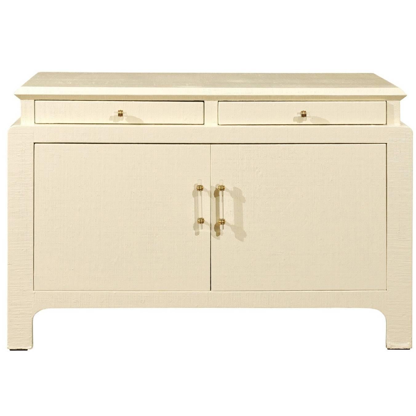 Gorgeous Restored Raffia Cabinet by Harrison-Van Horn in Cream Lacquer