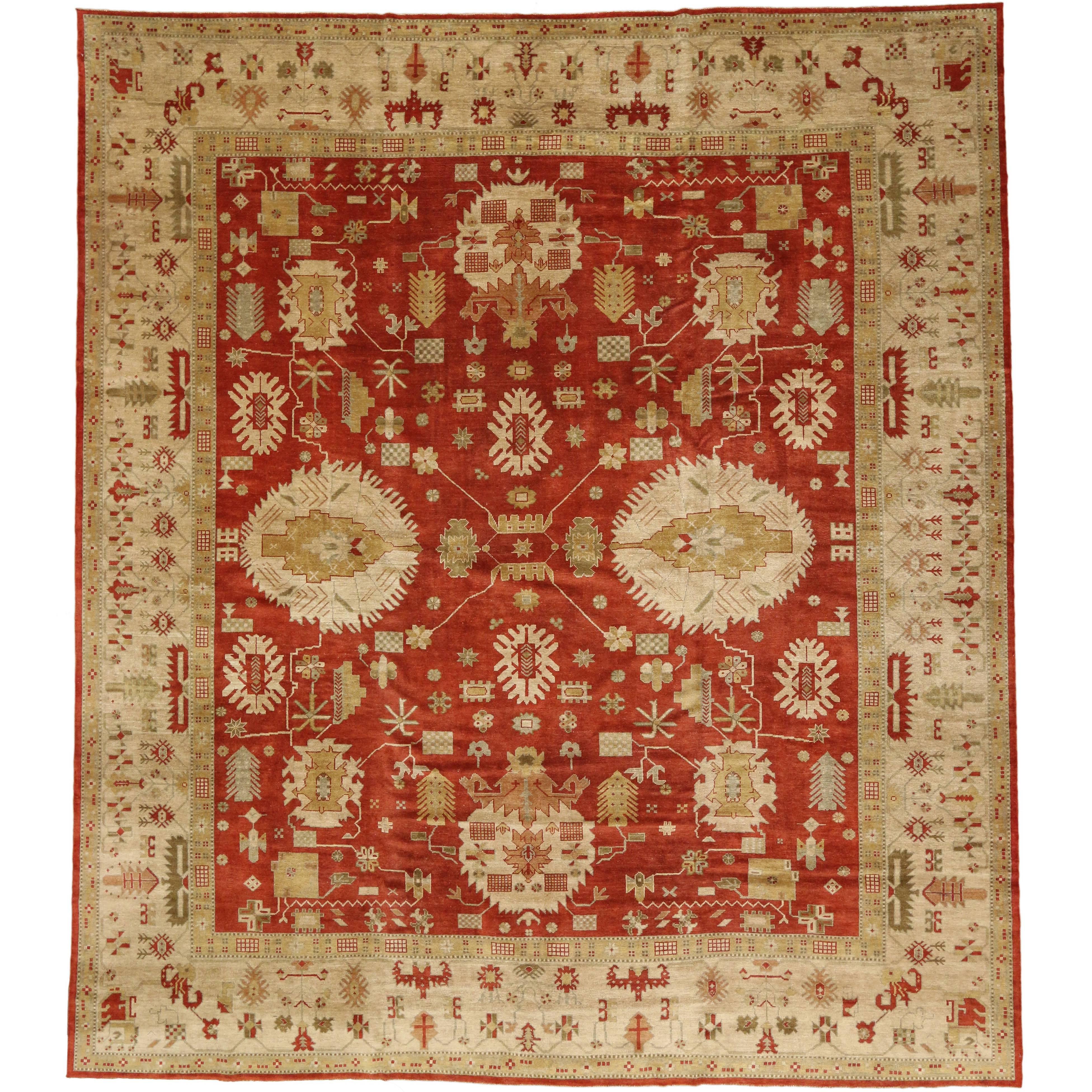 New Contemporary Red Turkish Oushak Rug, 13'04 X 15'02 For Sale