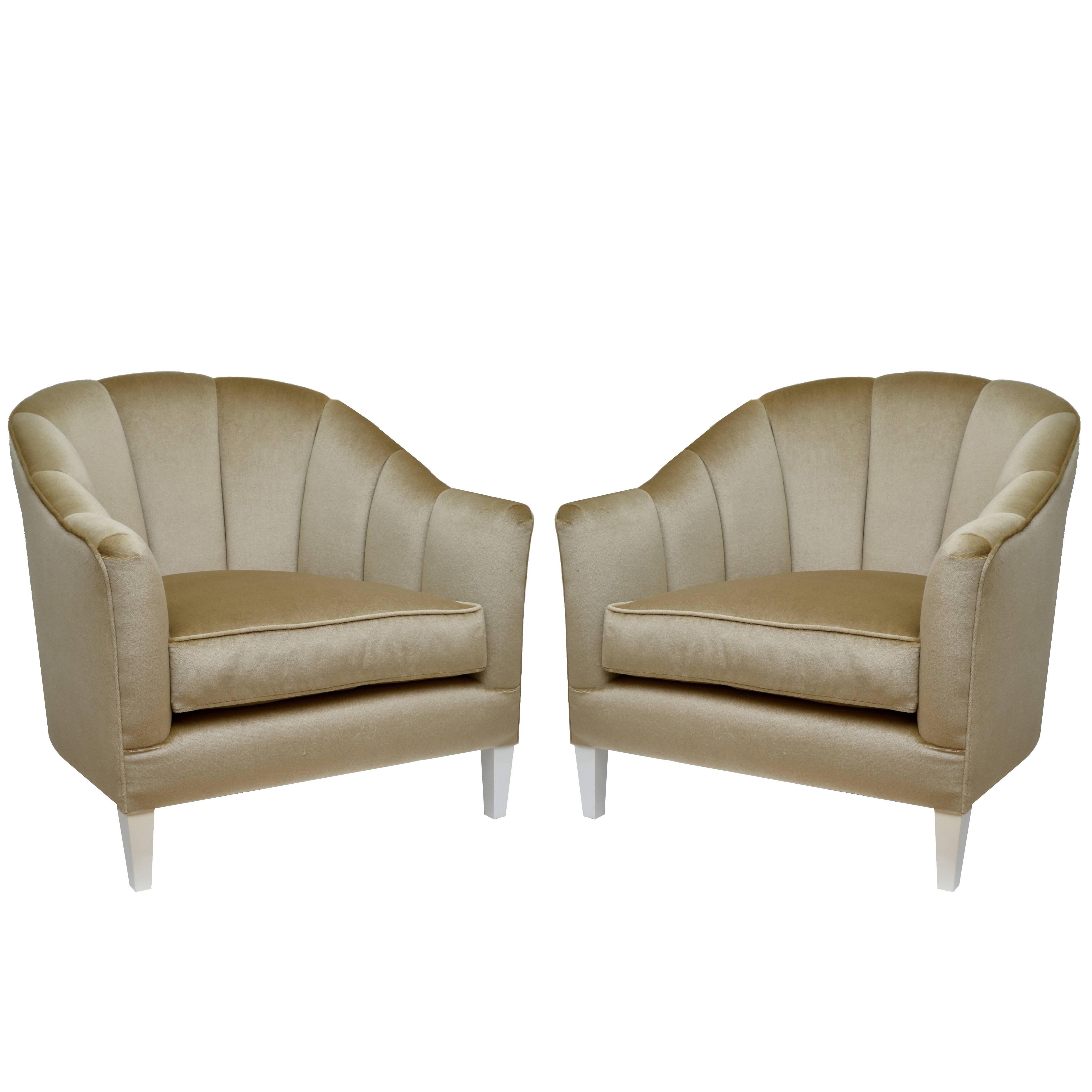 Pair of Contemporary Lounge Chairs in Mohair Scalloped Backrest