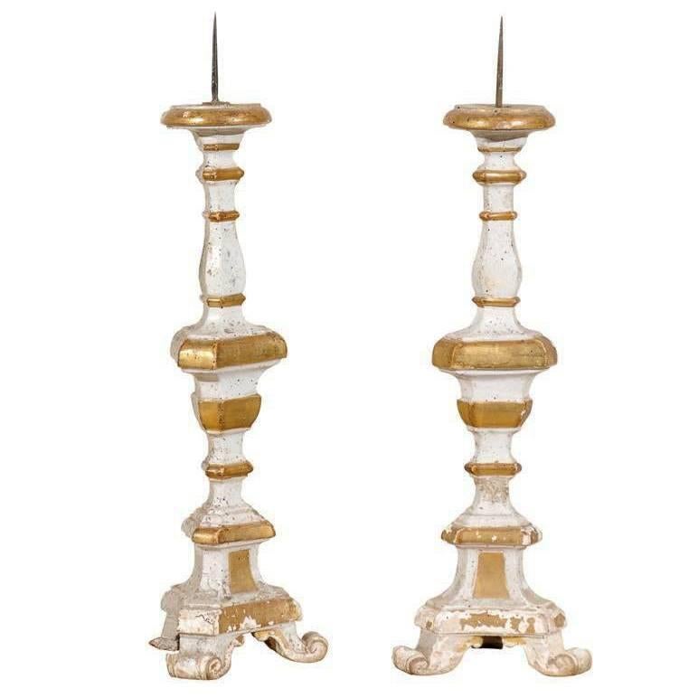 Pair of Italian 19th Century Painted Cream and Gilded Wood Candlesticks For Sale