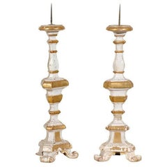 Pair of Italian 19th Century Painted Cream and Gilded Wood Candlesticks