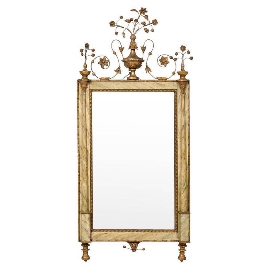 Italian Wall Mirror with Faux Marble Frame and Decorative Floral Additions
