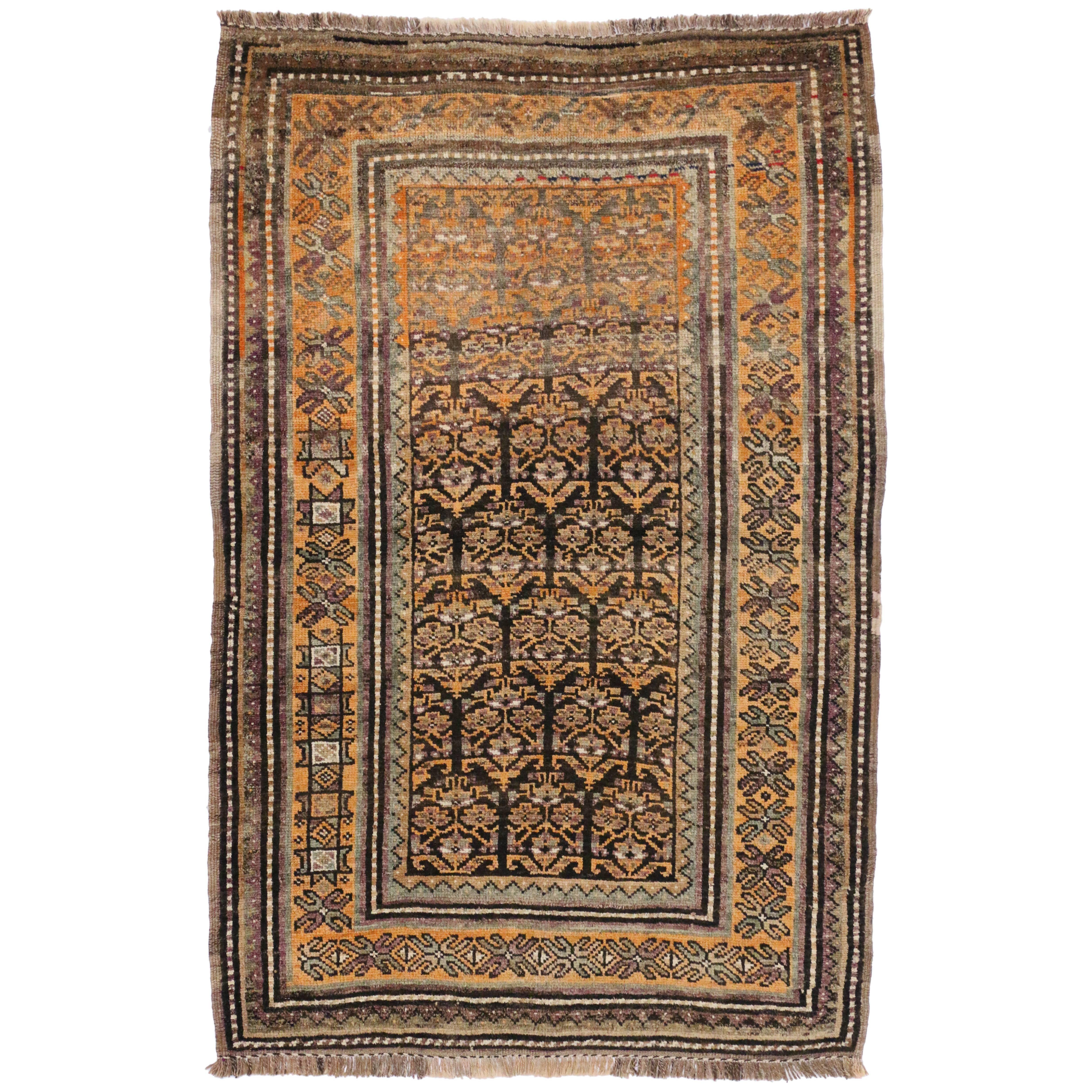 76431 Vintage Shiraz Persian Tribal Rug with Mid-Century Modern Style. Features an all-over and repetitive geometric pattern composed of blooming boteh motifs on an abrashed field surrounded by a series of borders and subsidiary saw-tooth guard