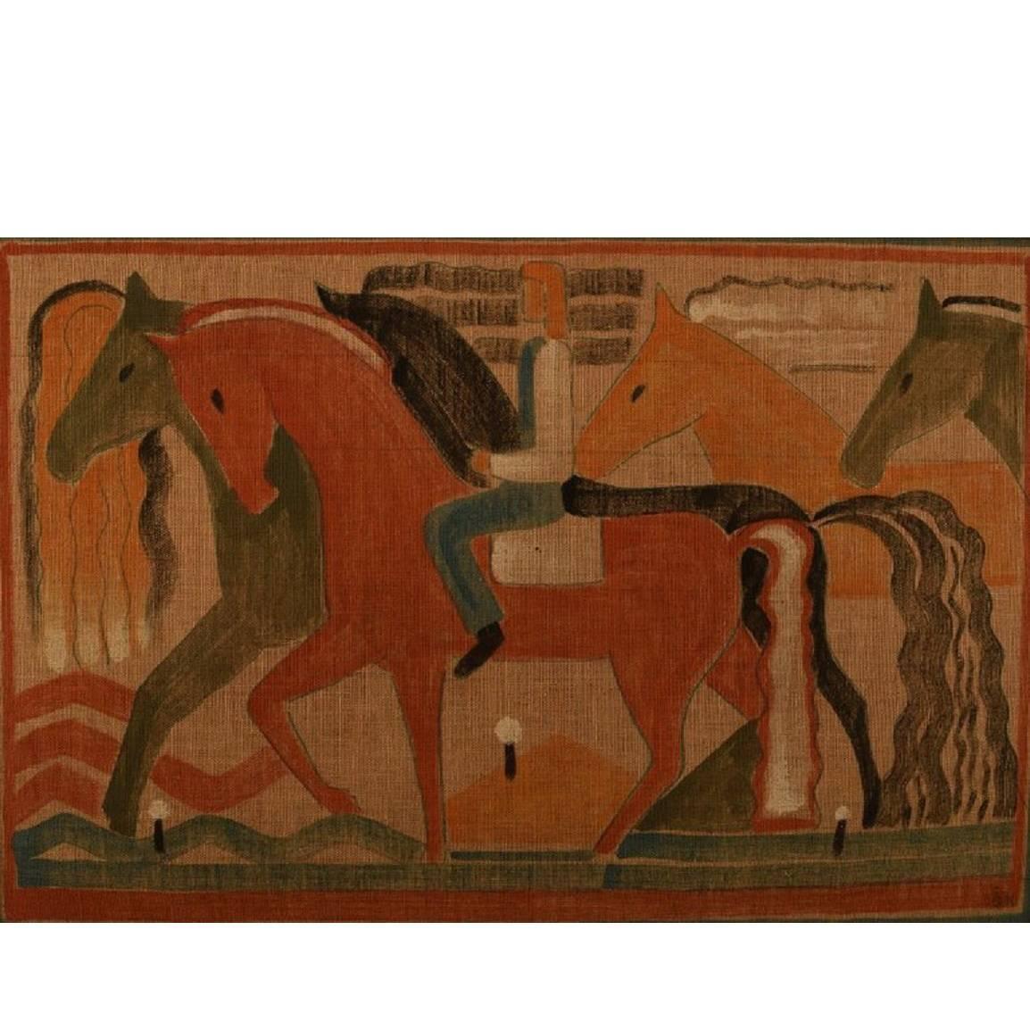 Cubist, 1930s Male and Horses Unknown Artist Watercolor and Pencil on Canvas