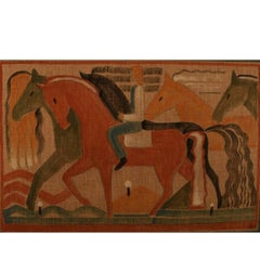 Vintage Cubist, 1930s Male and Horses Unknown Artist Watercolor and Pencil on Canvas