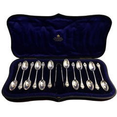 Antique Set of 12 Sterling Silver Teaspoons and Sugar Tongs, circa 1905