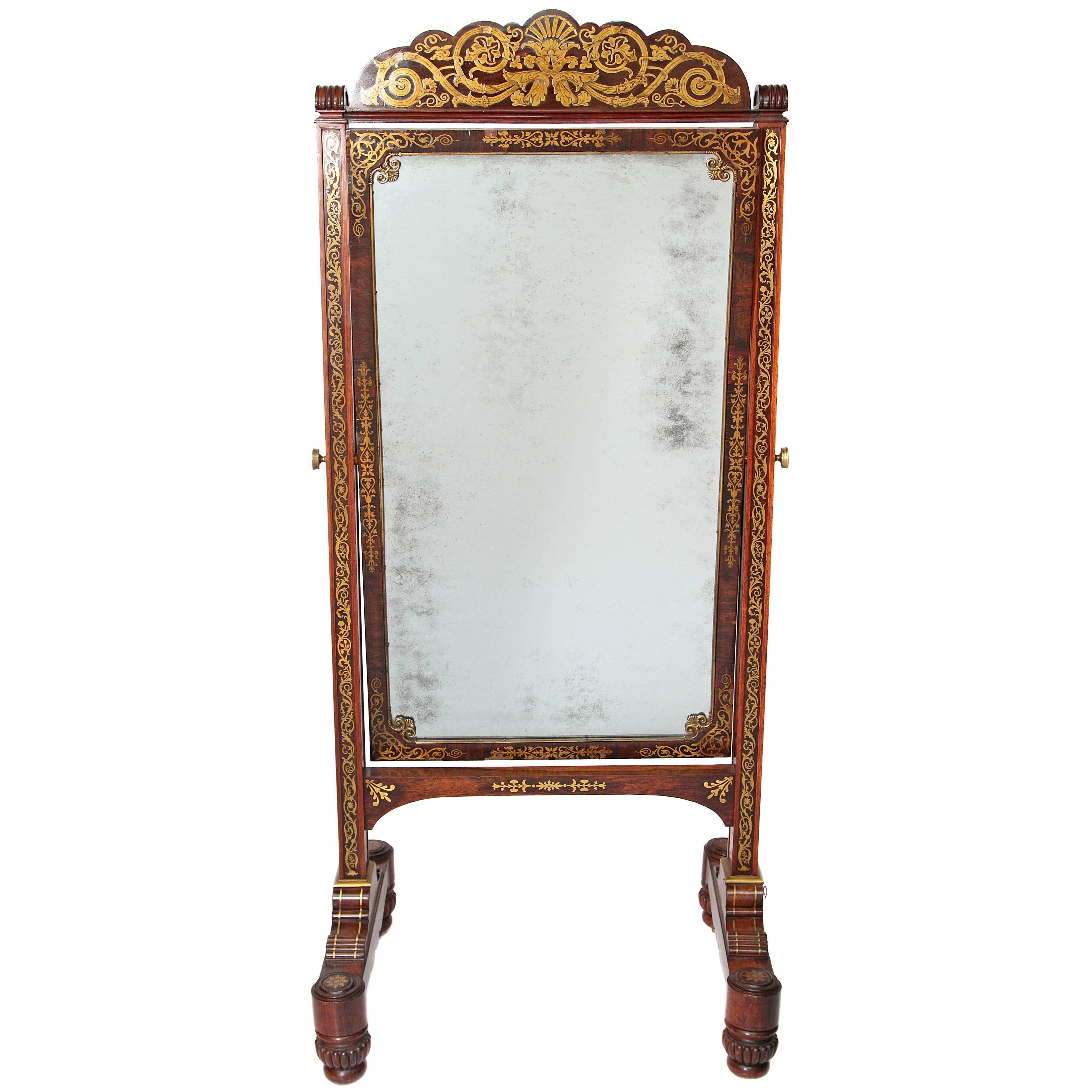 Miroir de style Régence du 19ème siècle en bois de rose avec incrustation de laiton Boulle Work