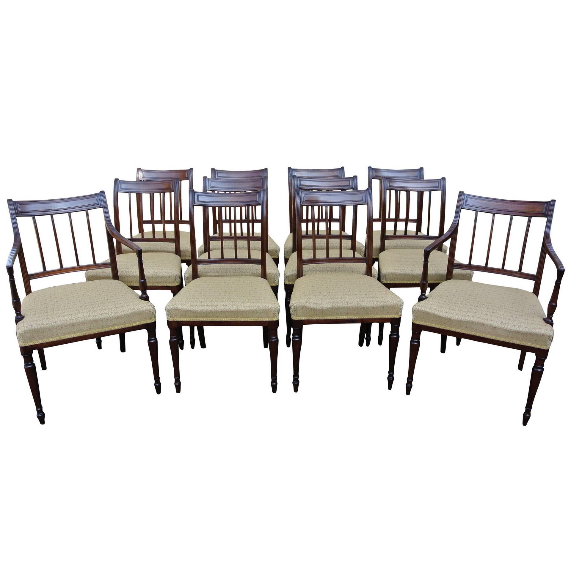 Set of 12 Sheraton Period Mahogany Dining Chairs Ten Single Two Armchairs