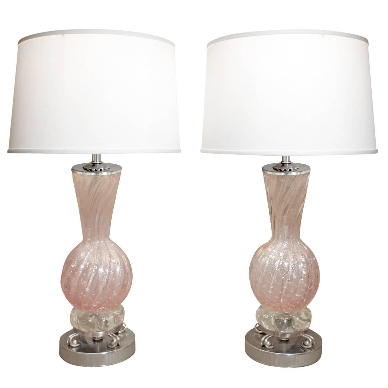 Barovier & Toso Pair of Hand-Blown Pink Glass Table Lamps, 1950s
