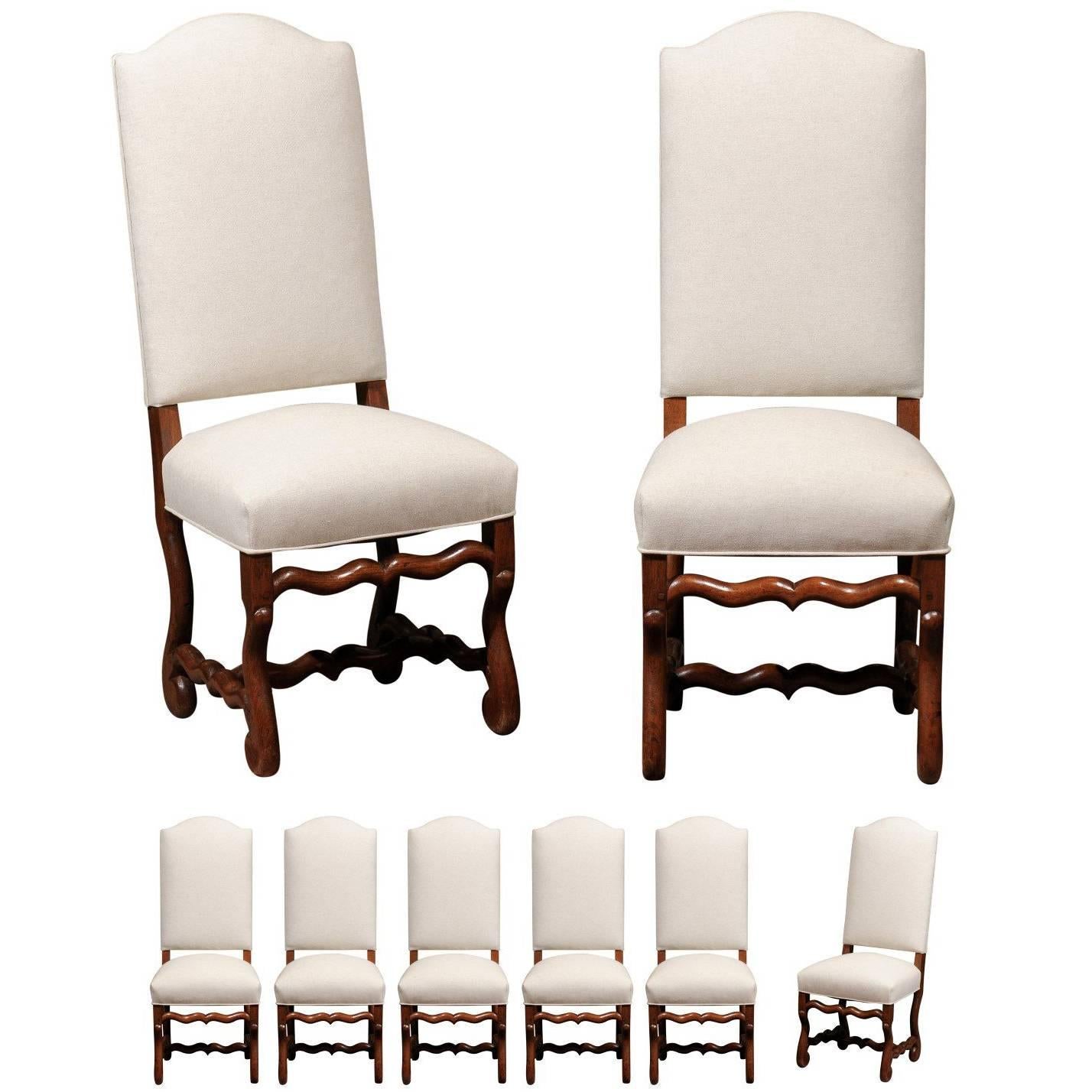 Set of Eight French Louis XIV Style Oak Upholstered Back Dining Chairs in Oak