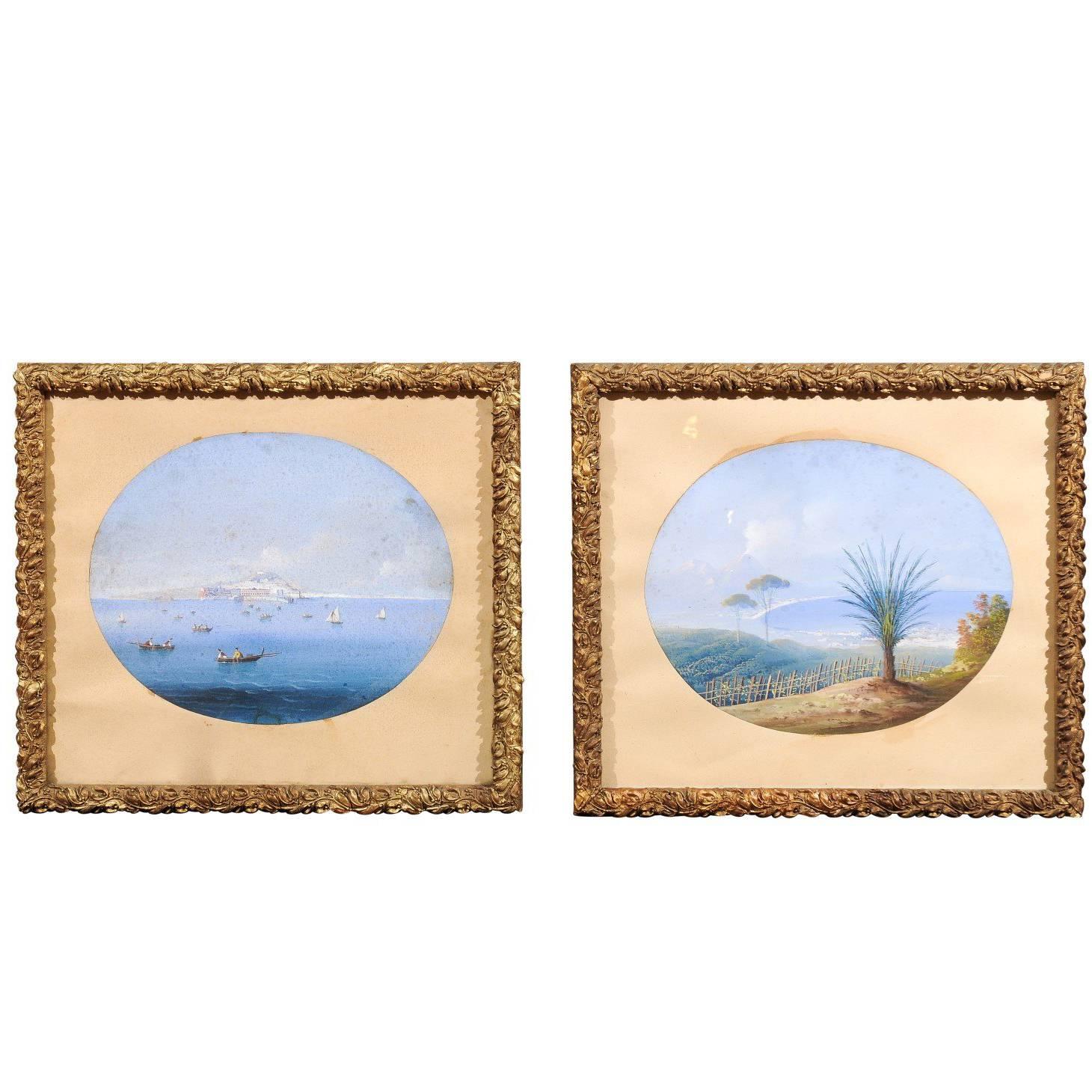 Pair of 19th Century Italian Giltwood Framed Gouache Seascape Paintings