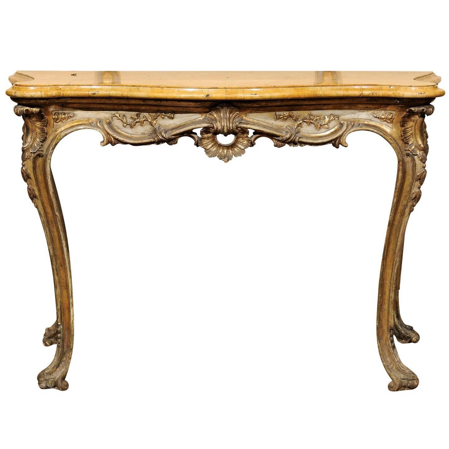 Large Rococo Silvered Italian Console with Sienna Marble, 18th Century For Sale