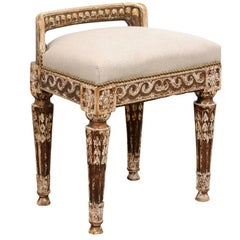 French, 1850s Distressed Neoclassical Upholstered Stool with Vitruvian Scroll