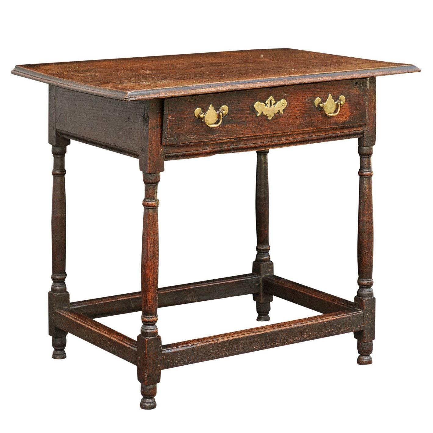 English Late 18th Century Oak Side Table with Single Drawer on Thin Column Legs For Sale