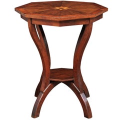 Italian Octagonal Top Gueridon Side Table with Fruitwood Star Inlay and Shelf