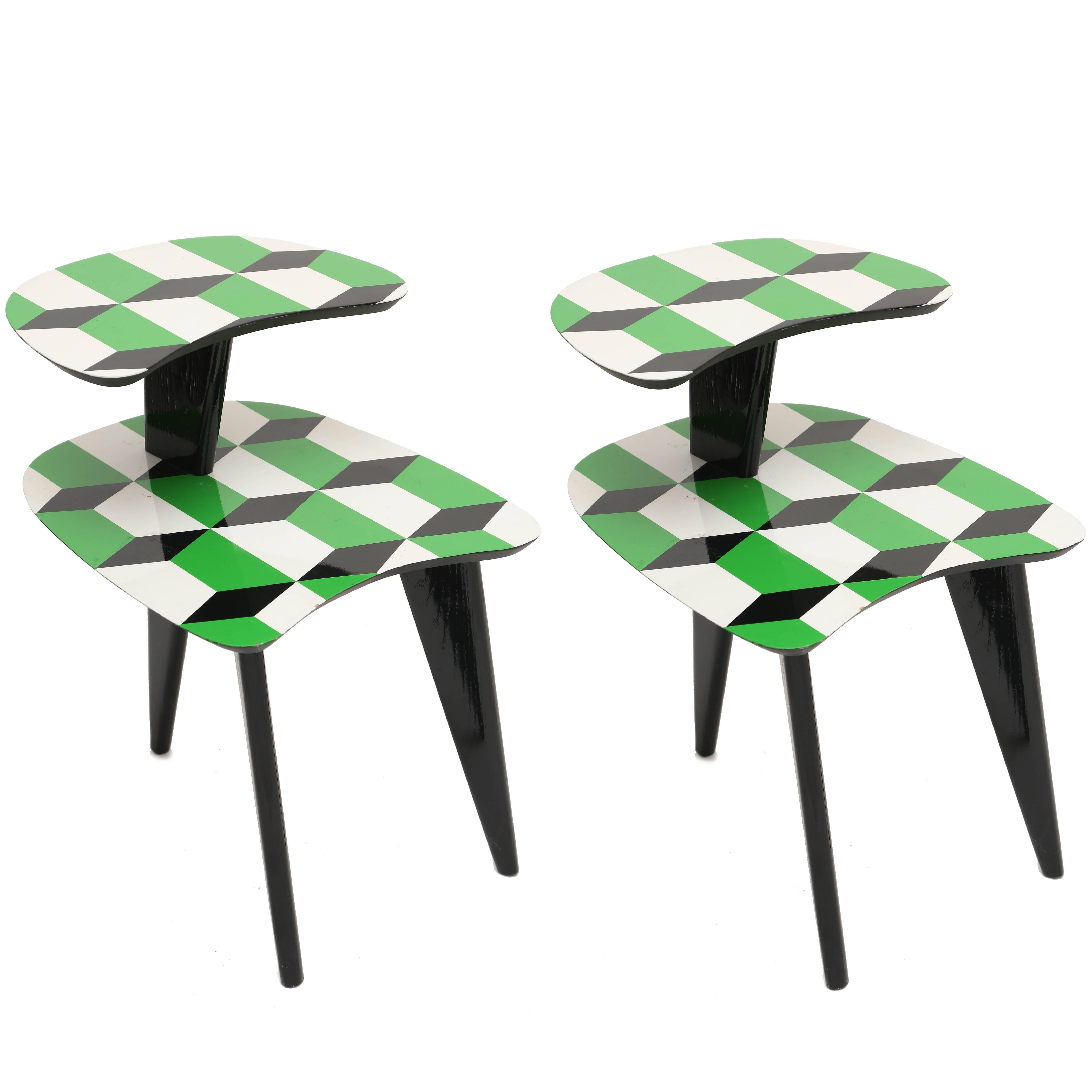 Pair of 1950s Vintage Tables with Black Angular Three Legs For Sale