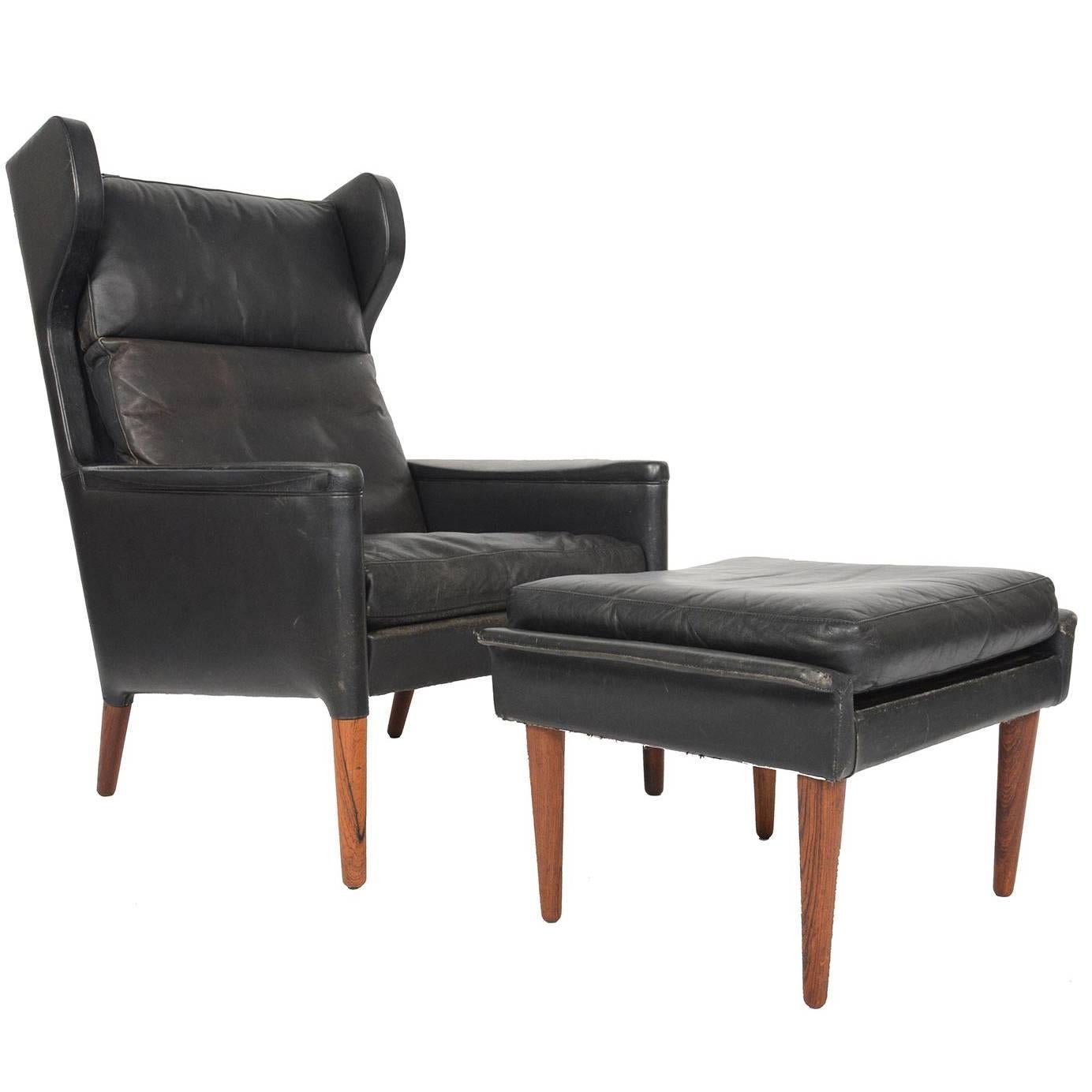 Kurt Ostervig Model 55 Black Leather Lounge Chair and Ottoman