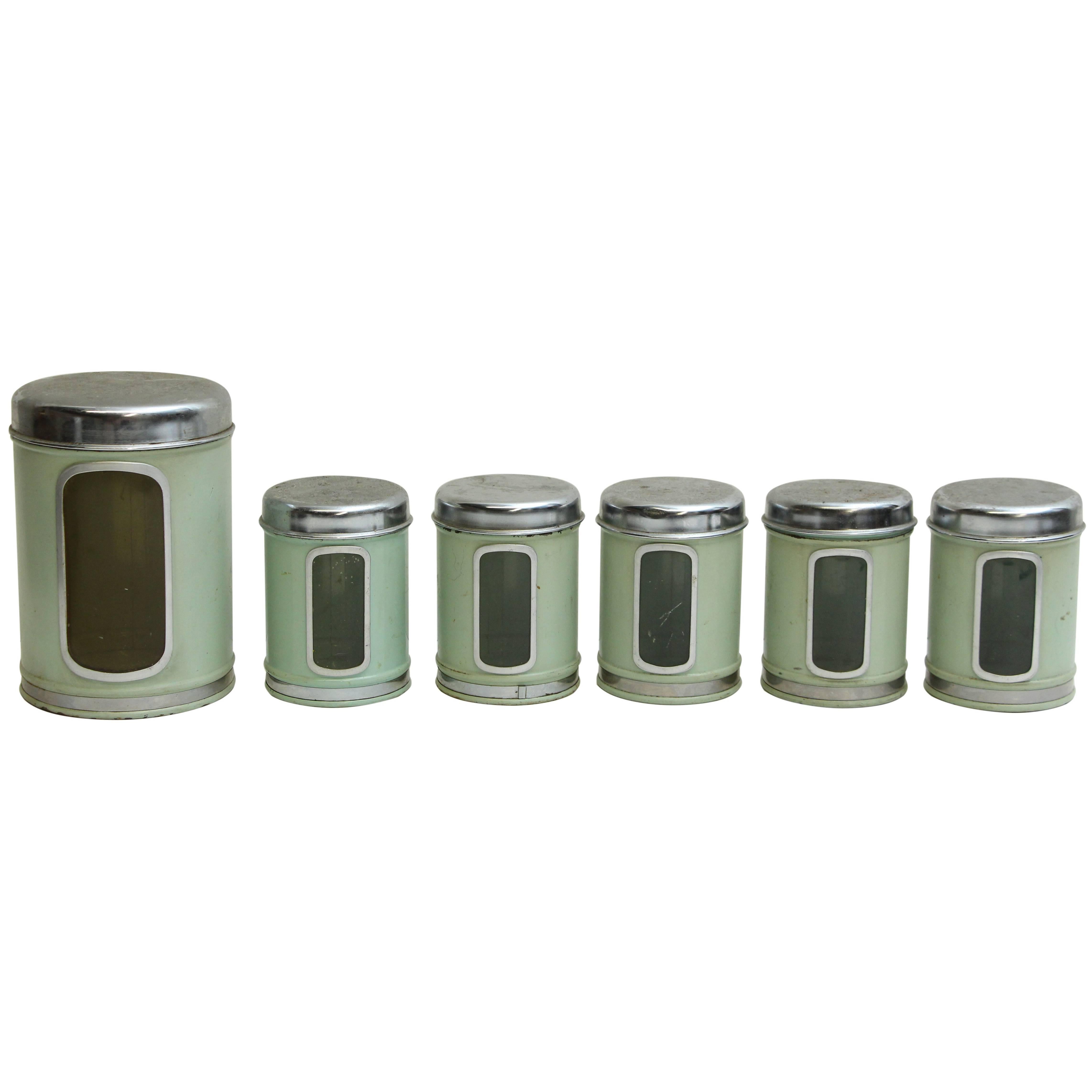 1950s Mid-Century Modern Brabantia Six-Piece Green French Kitchen Canister Set