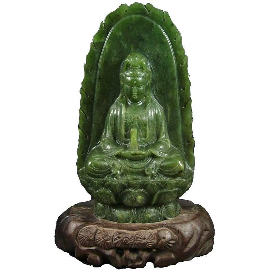 Jade Buddha, Kwan Yin, Nephrite Spinach Jade, Hand-Carved
