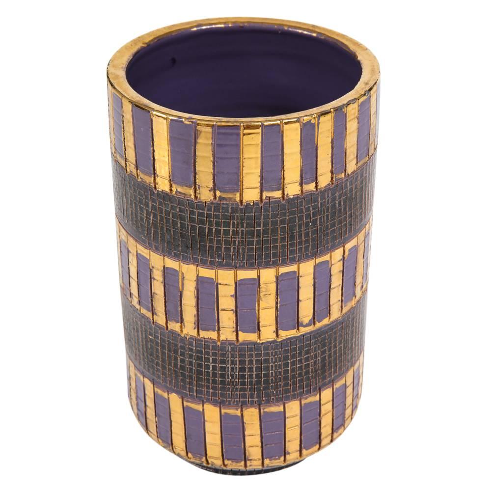 Mid-Century Modern Aldo Londi Bitossi Seta Vase, Ceramic, Gold, Purple and Black, Signed