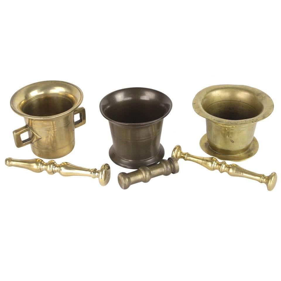 Three Antique English Brass Mortar and Pestle Sets For Sale