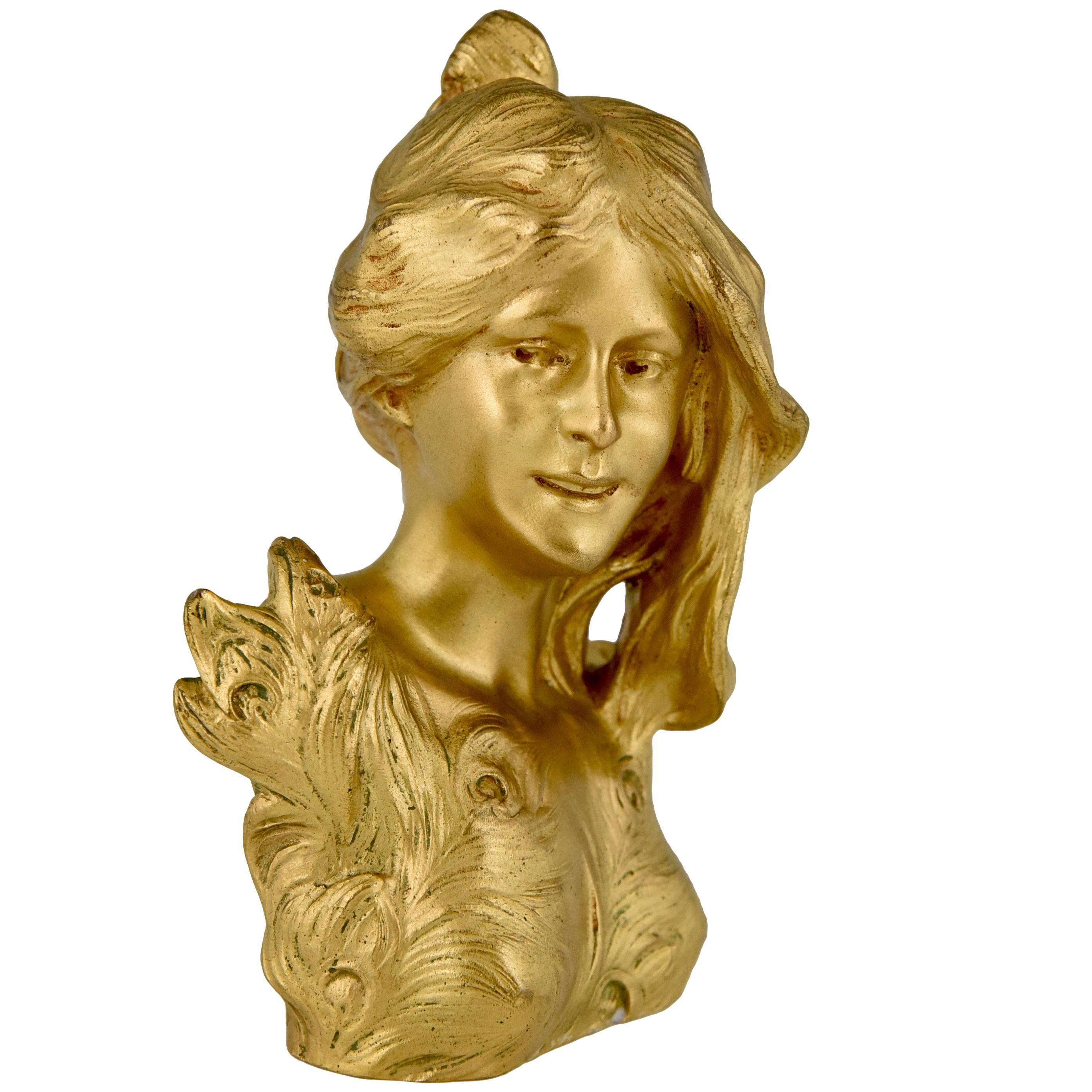 French Art Nouveau Gilt Bronze sculpture Bust of a lady by Leopold Savine 1905