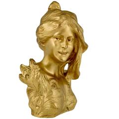 French Art Nouveau Gilt Bronze sculpture Bust of a lady by Leopold Savine 1905