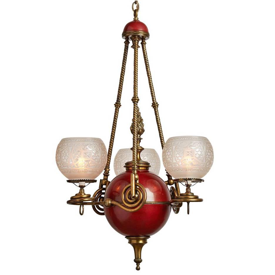 Brass and Red Enamel Converted Three-Light Gasolier, circa 1880s
