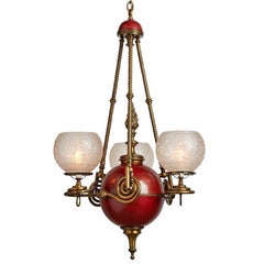Antique Brass and Red Enamel Converted Three-Light Gasolier, circa 1880s