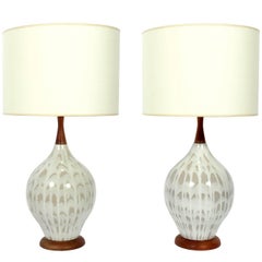 Pair of Mid-Century Ceramic and Wood Lamps 3