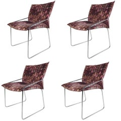 Set of Four Modern Chrome Dining Chairs with Jack Lenor Larsen Fabric