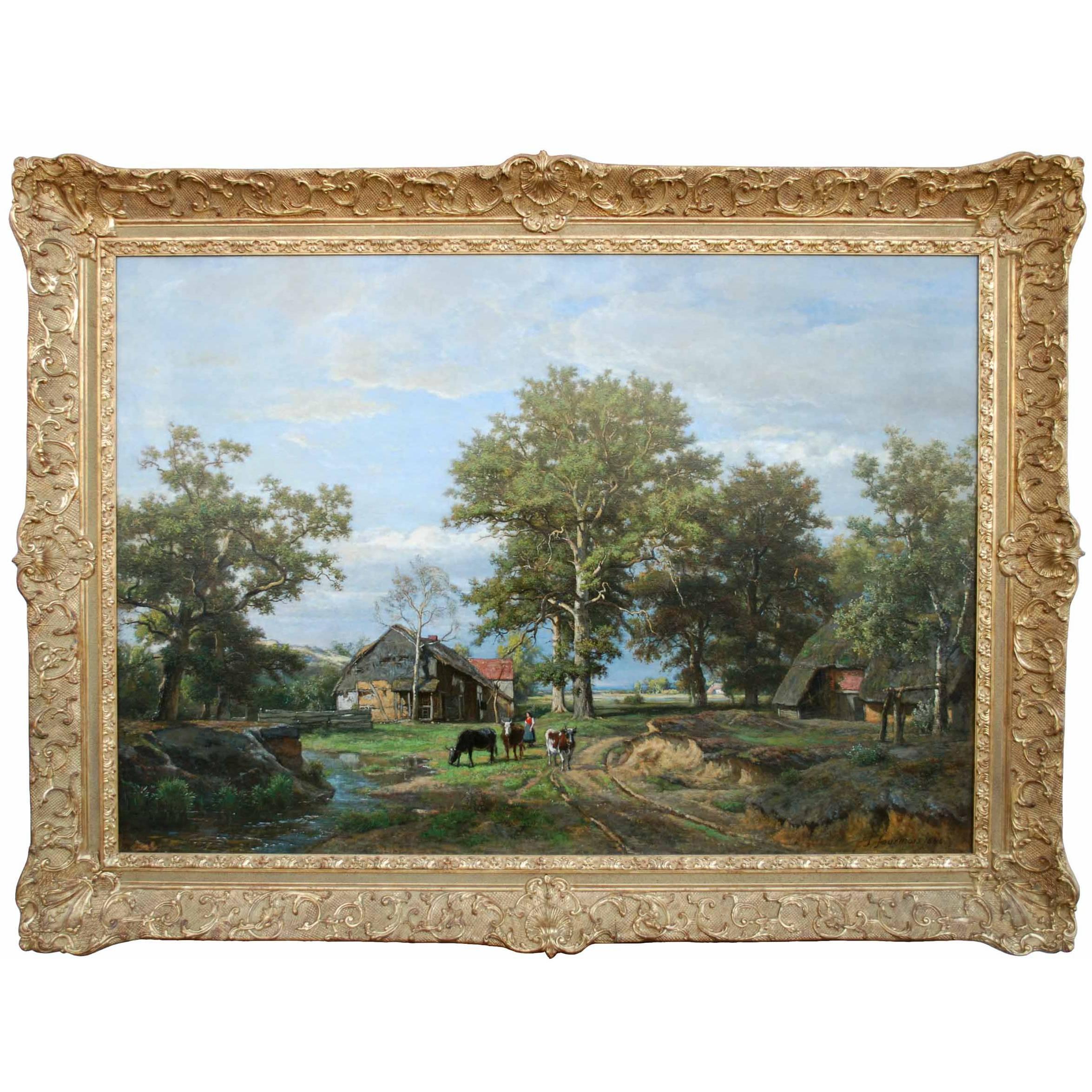 'Life on the Farm' 1866 Oil on Canvas Landscape Painting by Theodore Fourmois