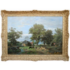 'Life on the Farm' 1866 Oil on Canvas Landscape Painting by Theodore Fourmois