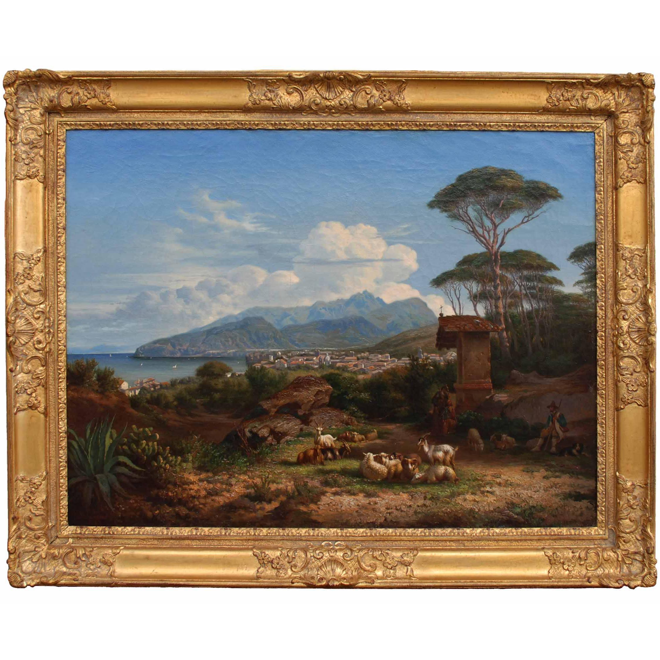 Shepherd and His Flock in an Italian Landscape, Oil on Canvas by Charles Coumont