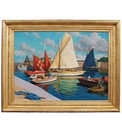 'Concarneau Harbor' Marine Oil on Canvas Painting by Paul André Jean Eschbach