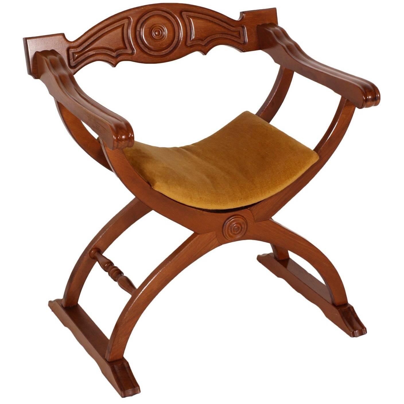 Moderner, italienischer Savonarola-Stuhl aus Nussbaum, auf Wachs poliert, Mitte des Jahrhunderts