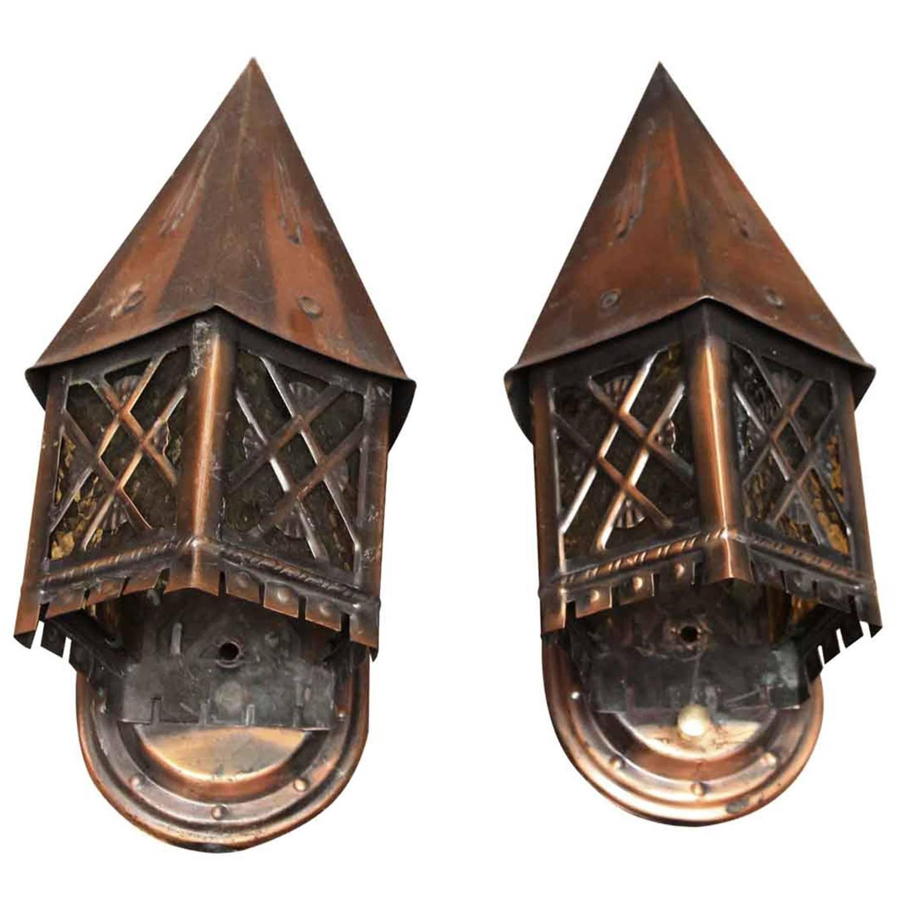 1940s Pair of Tudor Style Copper Lantern Sconces with Textured Glass