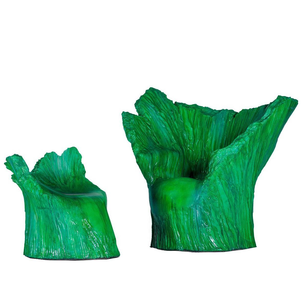 Armchair "Green" and Pouf Hand-Carved Polyurethane Body Numbered from 1 to 30 For Sale